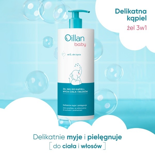 Oillan Baby, żel do kąpieli, mycia ciała i włosów 3w1, 750 ml