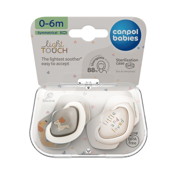 Canpol Babies, Smoczek silikonowy Light Touch 0-6 m sumetryczny, dogs, 2 szt.