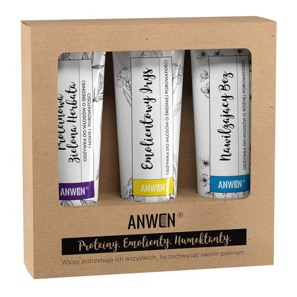 Wegański zestaw odżywek do średniej porowatości, proteinowa zielona herbata + emolientowy irys + nawilżający bez, 3x100 ml