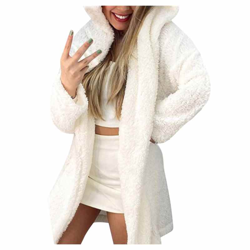 Women's Warm Overcoat Thick Cardigan Solid Color Hooded Winter Double faced Fleece Mid Length Snow Coat Jacket Outwear
