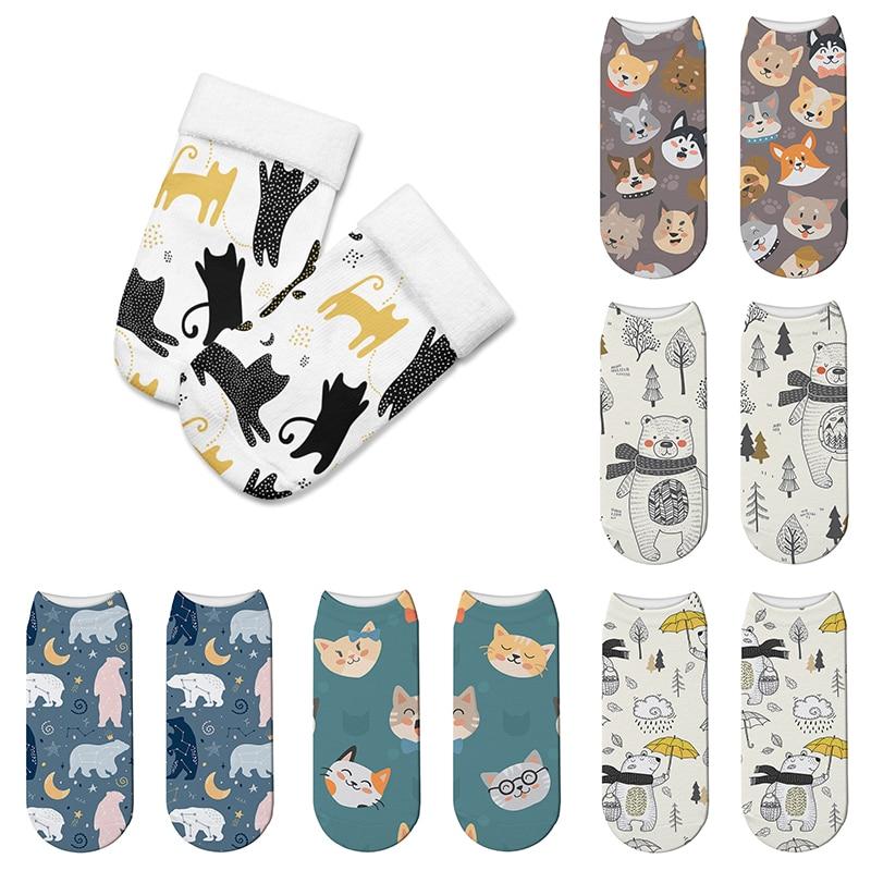 Nowe modne skarpetki damskie z nadrukiem słodkiego kota 3D z kreskówkowym, zabawnym nadrukiem, wygodne, letnie, krótkie skarpetki Skarpetki