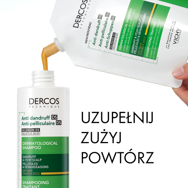Vichy Dercos DS, szampon przeciwłupieżowy, włosy suche, opakowanie uzupełniające, 390 ml
