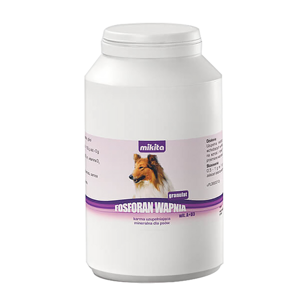 Mikita Fosforan Wapnia wit. A + D3, karma uzupełniająca mineralna dla psów, granulat, 500 g