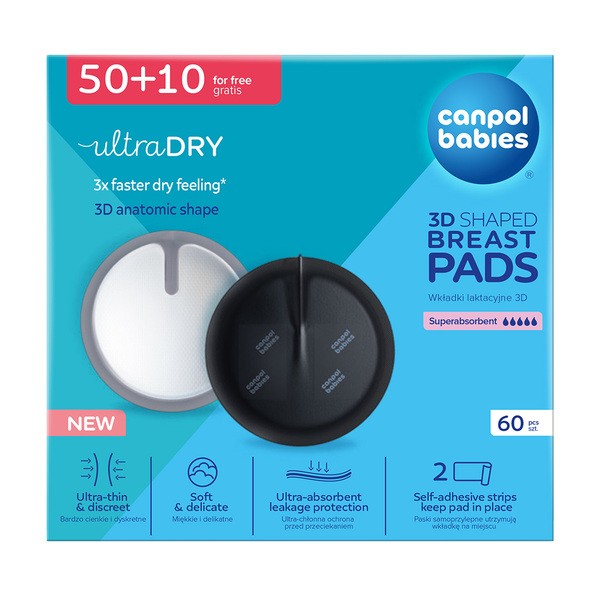 Canpol Babies, oddychające ultrachłonne wkładki laktacyjne 3D, czarne, 60 szt. (50 szt. + 10 szt.)