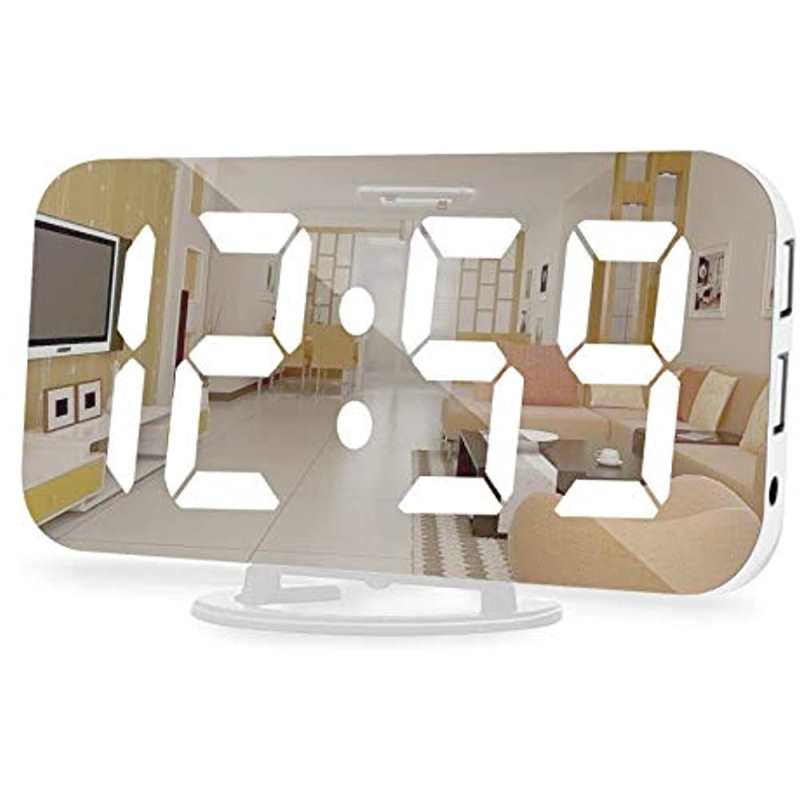 Wekker, 6,5 inch groot LED-display met spiegel, elektronische klok met snooze-functie, 12/24-uurs weergave, dubbele USB-oplaadpoorten, 3 instelbare helderheidsniveaus, voor slaapkamer, thuis of kantoor - wit