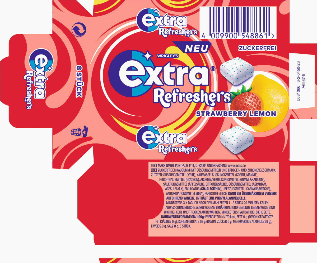 Kauwgom, Refreshers Aardbei Citroen, suikervrij, 8 stuks