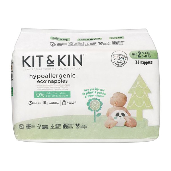 Kit & Kin, pieluszki 2 Midi (4-8 kg), Myszka/Panda, 38 szt.