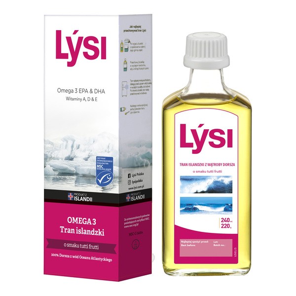 Lysi Tran islandzki o smaku tutti frutti, olej, 240 ml