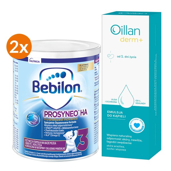Zestaw, Bebilon Prosyneo HA 3, Junior, odżywcza formuła na bazie mleka po 1. roku życia, 2 x 400 g + Oillan Derm+, emulsja do kąpieli, 200 ml