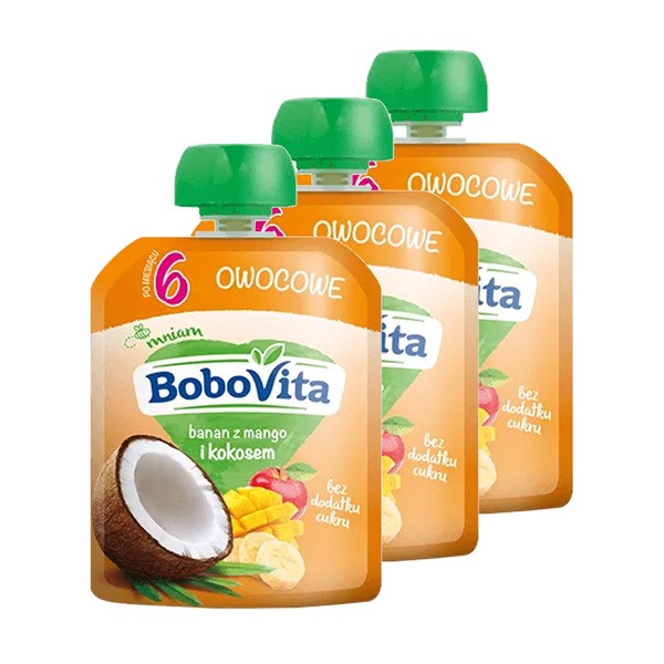 Zestaw 3 x BoboVita, banan z mango i kokosem, mus, 6 m+, 80 g