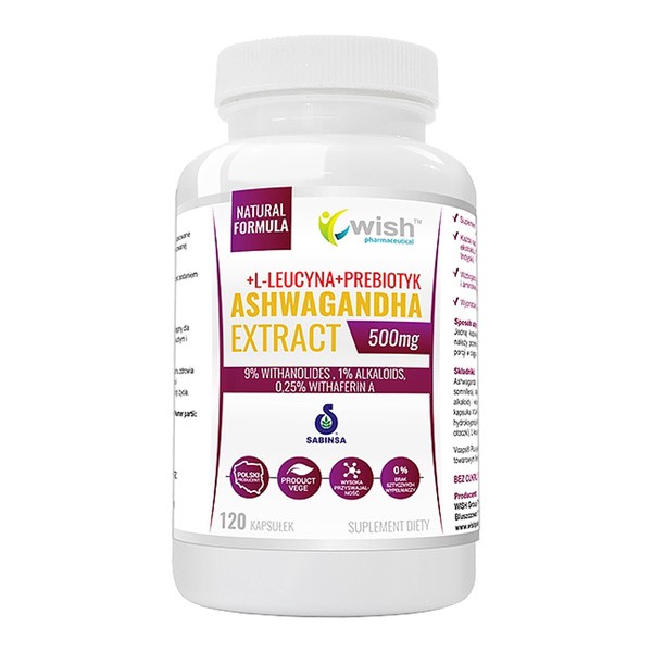 Wish Ashwagandha Extract 500 mg + L-leucyna + Prebiotyk, kapsułki, 120 szt.