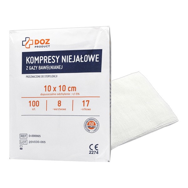 DOZ PRODUCT, kompresy niejałowe z gazy bawełnianej, 17-nitkowe, 8-warstwowe, 10 cm x 10 cm, 100 szt.
