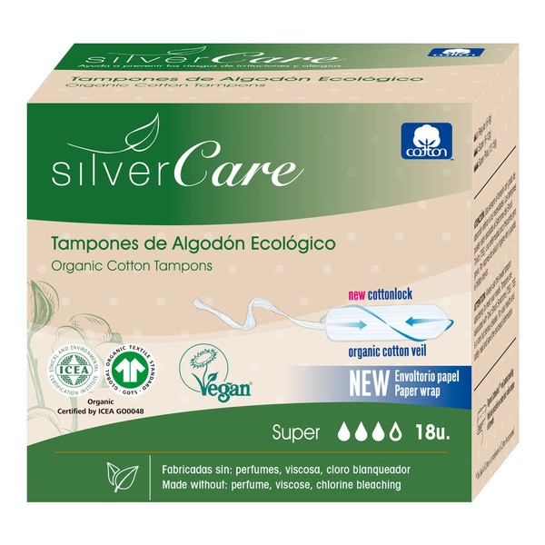 Silver Care, ekologiczne tampony bawełniane Super (bez aplikatora), 18 szt.