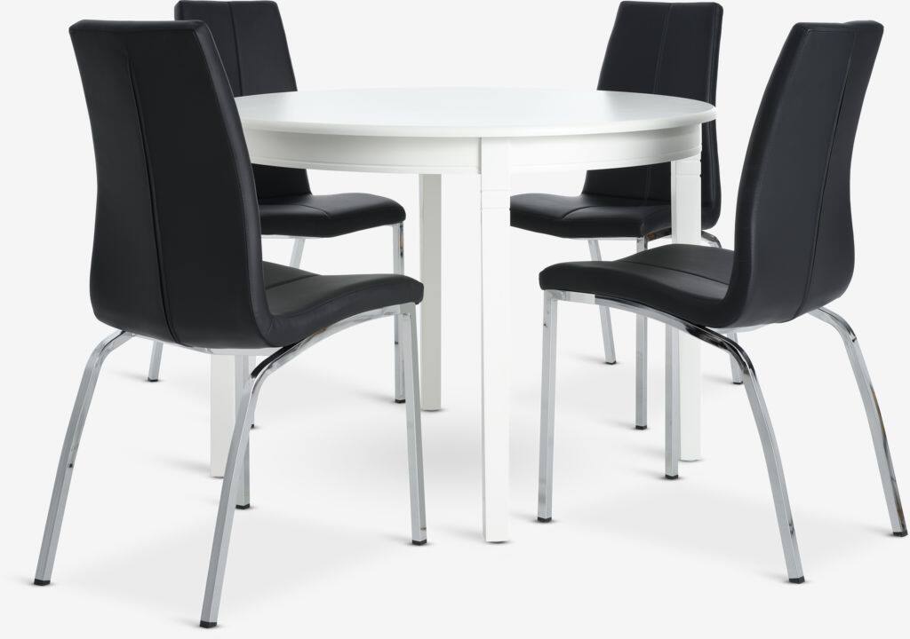 KIRKEBY HAVNDAL KIRKEBY Ø110 hvidt bord 4 HAVNDAL sort stol