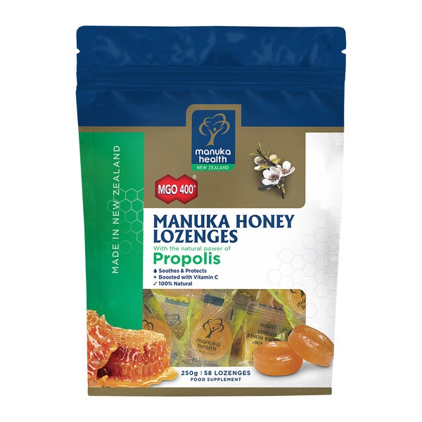 Cukierki z miodem Manuka MGO 400+, propolisem i witaminą C, 250 g