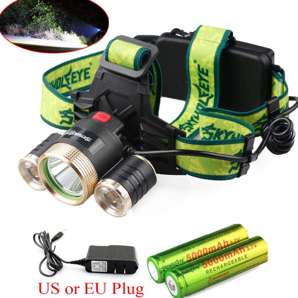 Lanterna de cabeça LED de 9000 lúmens com lâmpadas T6+2R5 para camping e pesca, inclui 2 baterias 18650 e carregador (padrão europeu/americano).