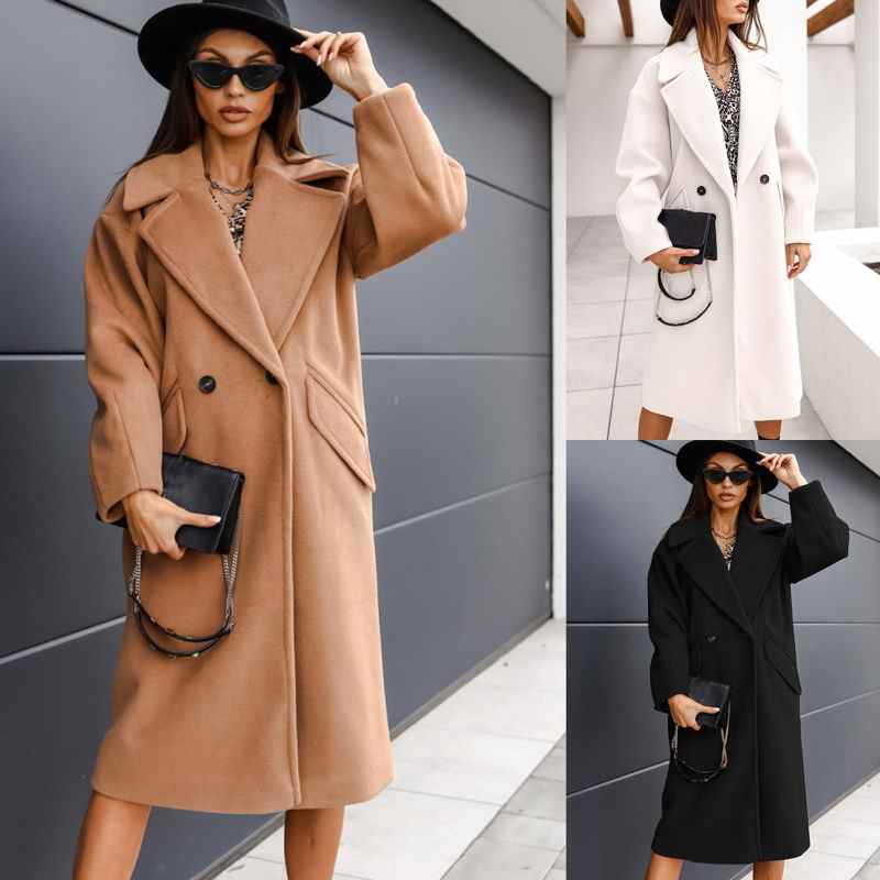 Wool Coats Ladies Elegant Lapel Winter Outerwear Women Long Sleeve Casual Cardigan High Fashion Solid Long Overcoat