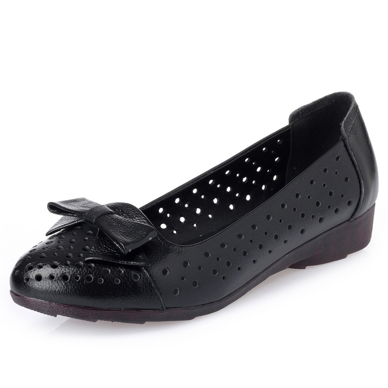 2021 Summer Ladies Sandals Genuine Leather Woman Flats Hole Shoes Slip on Female Loafers Lady Boat Shoe Bowknot Shoes PU