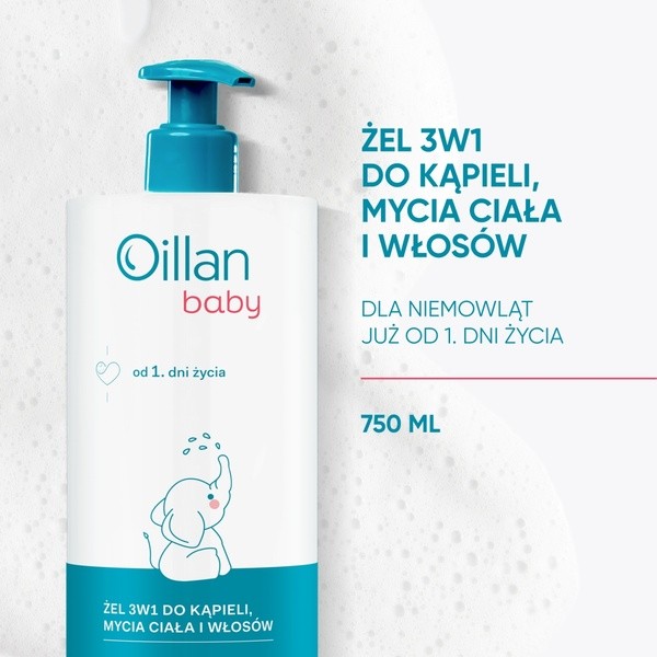 Oillan Baby, żel do kąpieli, mycia ciała i włosów 3w1, 750 ml