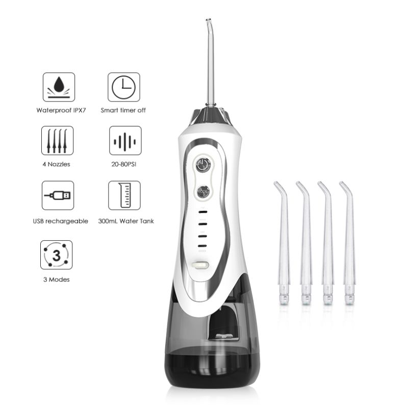 Irygator stomatologiczny 300 ml, elektryczny irygator do zębów, usuwający kamień nazębny, przenośny irygator, 4 dysze strumieniowe