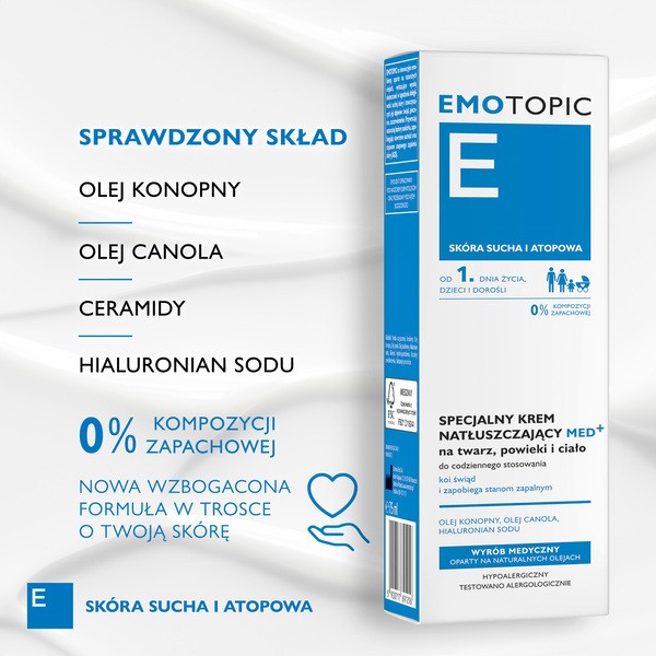 Emotopic Med+, specjalny krem natłuszczający na twarz, powieki i ciało, do codziennego stosowania, 75 ml
