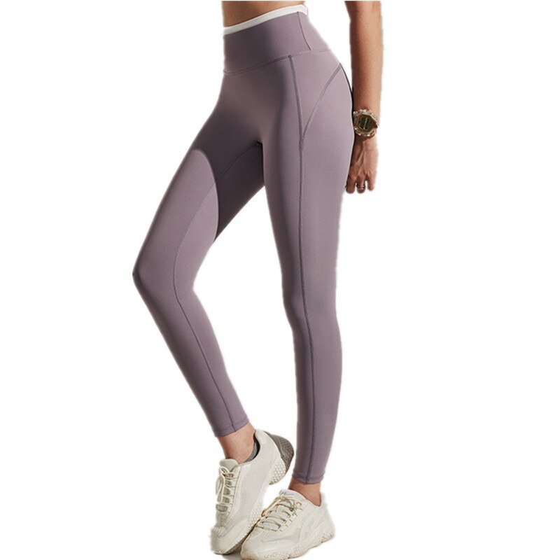 Löparleggings för kvinnor med medelstyrka, yogabyxor med hög midja, färgkombination, elastiska och tighta sportleggings