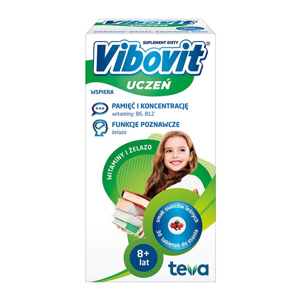 Vibovit Uczeń, tabletki do ssania, smak owoce leśne, od 8 lat, 30 szt.