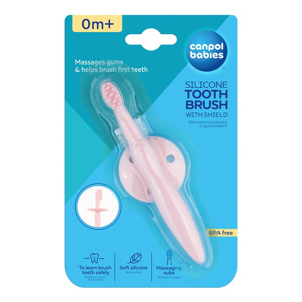 Canpol Babies, silikonowa szczoteczka - gryzaczek z ogranicznikiem, różowa, 1 szt.