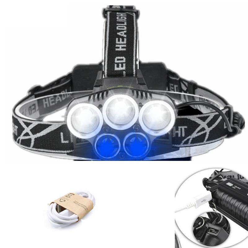 Lanterna de cabeça de 20000 lúmens XM L 3T6+2Q5 com luz branca e azul, 5 modos, alimentada por bateria 18650, ideal para camping.