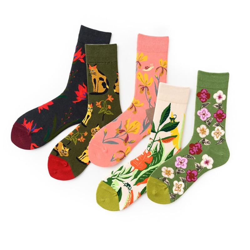Harajuku Flower Cat Socks For Women Cotton Long Socks Ankle Colorful Soft Funny Socks Casual Sokken Female Calcetines Winter