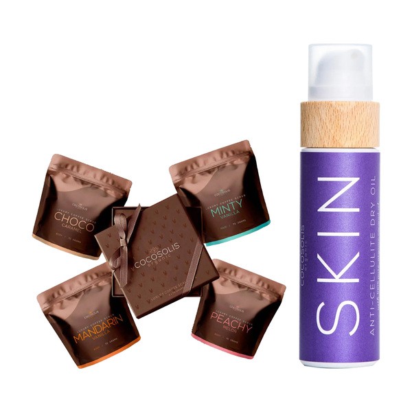 Zestaw Cocosolis, suchy olejek antycellulitowy, 110 ml + kawowe peelingi do ciała i twarzy, 4 x 70 g