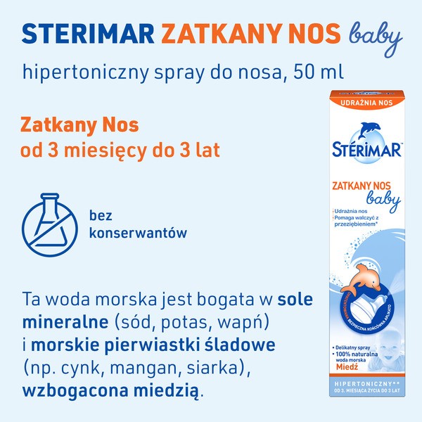 Sterimar Zatkany Nos Baby, hipertoniczny spray do nosa dla niemowląt, 50 ml
