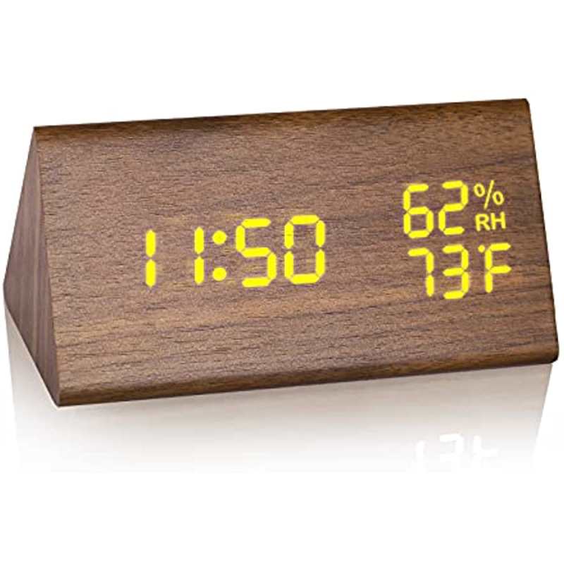 Houten wekker, LED-tijdweergave, houten bureauklok met 6 helderheidsniveaus, temperatuur- en vochtigheidssensor, driehoekige elektrische nachtklok voor slaapkamer, nachtkastje, kinderkamer - bruin