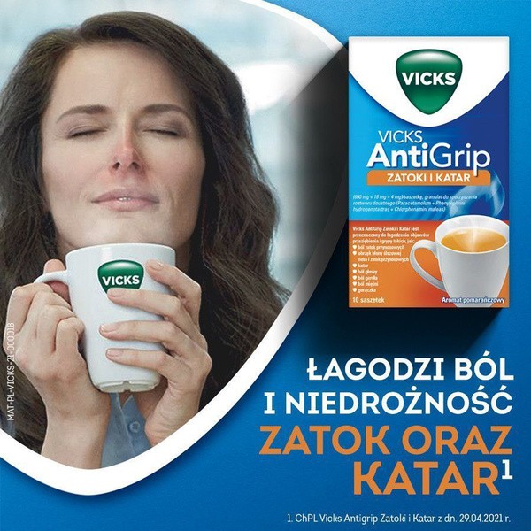 Vicks Antigrip Zatoki i Katar, granulki do sporządzania roztworu doustnego, 10 saszetek