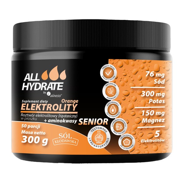 ALLHydrate Elektrolity Senior + aminokwasy Orange,  proszek, smak pomarańczowy, 300 g