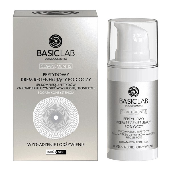 BasicLab Complementis, peptydowy krem regenerujący pod oczy z 5% kompleksu peptydów, 2% kompleksu czynników wzrostu, fitosterolami o bogatej konsystencji, 15 ml