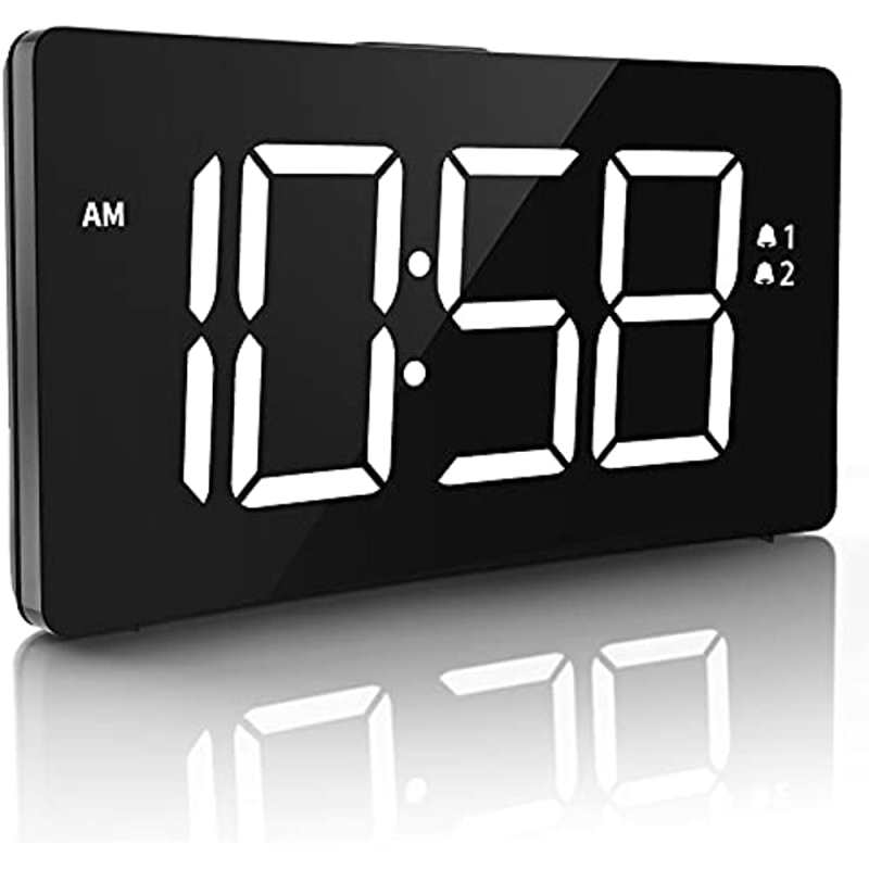 Wekker, LED-nachtklok met 6 helderheidsniveaus, dubbel alarm, instelbaar volume en 3 alarmgeluiden, wekker voor slaapkamer en kantoor, helder wit gebogen scherm (geen USB-voedingsadapter meegeleverd)