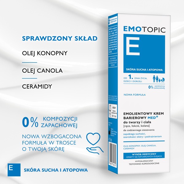 Emotopic Med+, emolientowy krem barierowy do twarzy i ciała, do codziennego stosowania, 75 ml