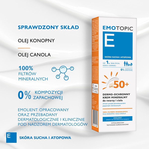 Emotopic, dermo-ochronny krem mineralny do twarzy i ciała SPF 50+, 75 ml