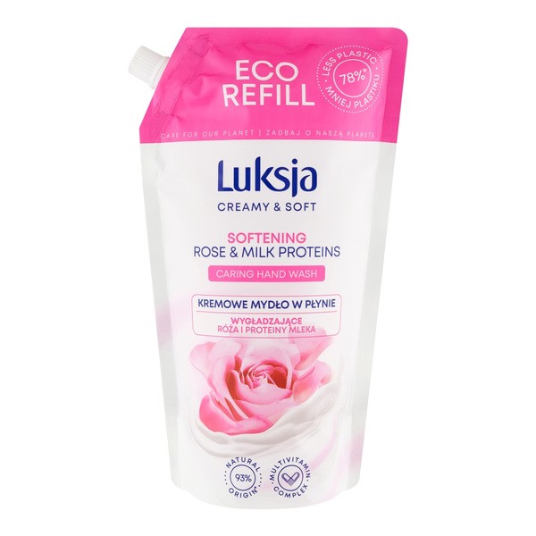 Luksja Creamy & Soft, wygładzające mydło w płynie, Róża i Proteiny Mleka, refill, 900 ml