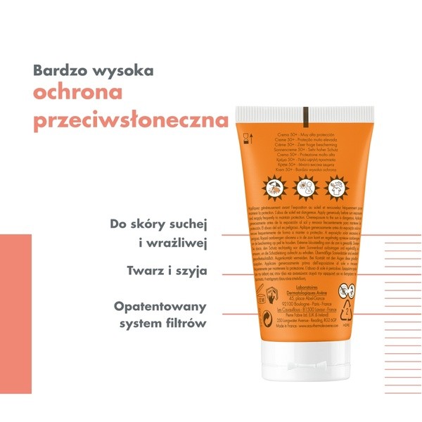 Avene Eau Thermale, krem z filtrem, skóra sucha i wrażliwa, SPF50 +, 50 ml