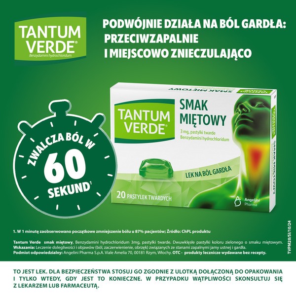 Tantum Verde smak miętowy, 3 mg, pastylki twarde, 20 szt.