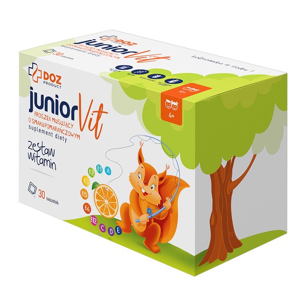 DOZ Product JuniorVit, saszetki z proszkiem musującym, smak pomarańczowy, 30 szt.