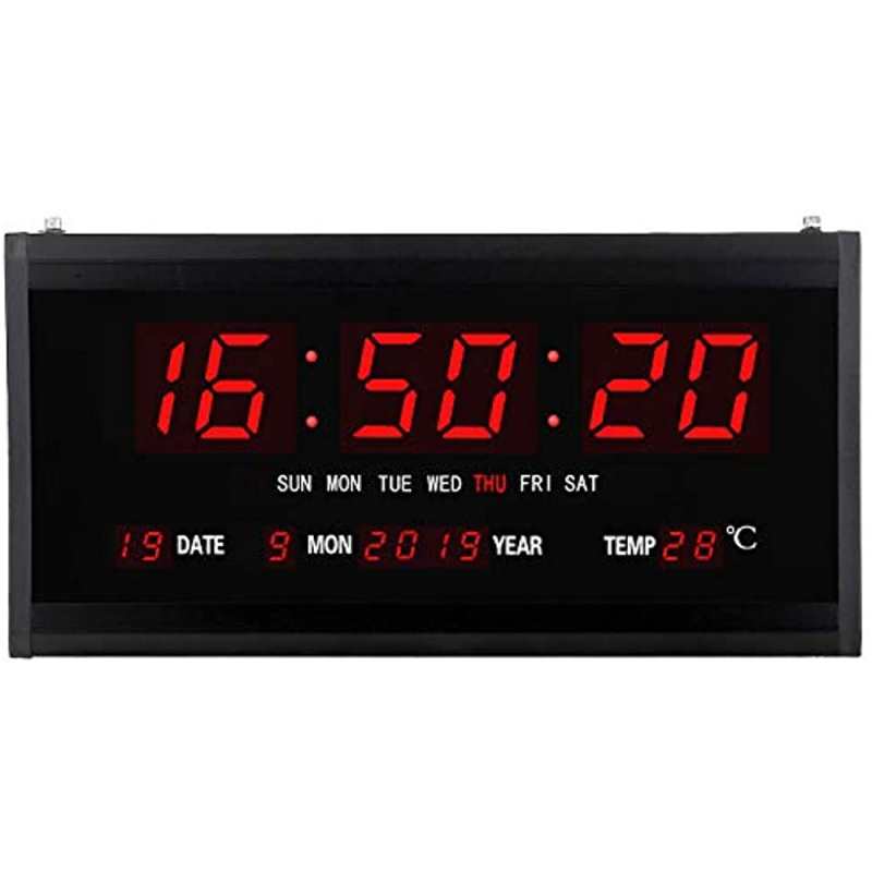 15 inch extra grote LED-wandklok met groot display, binnentemperatuur, datum en dag van de week, elektrische wandklok/kalendertimer voor huisdecoratie - rood