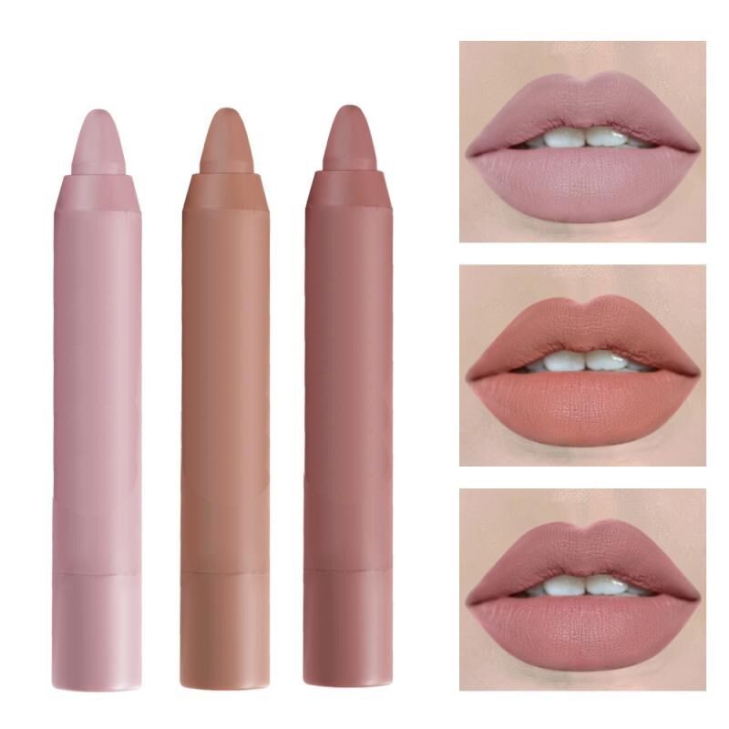 Conjunto de 3 Batons em Cores Variadas, Longa Duração, À Prova D'Água, Acabamento Aveludado e Matte, em Lápis, para Maquiagem Labial - TSLM1