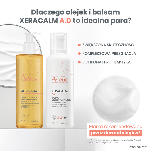 Zestaw Avene Eau Thermale Xera Calm A.D, uzupełniający lipidy olejek oczyszczający, 400 ml + balsam uzupełniający lipidy, 400 ml