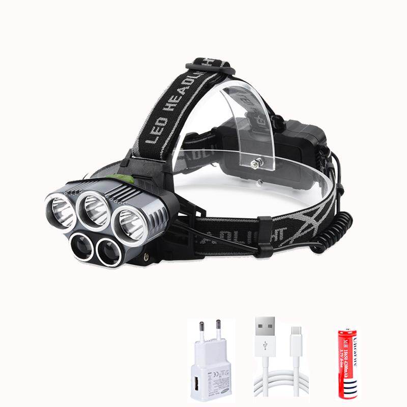 Lampe frontale LED élégante, 5 ampoules LED, rechargeable par USB, 6 modes d'éclairage, étanche, batterie 18650, idéale pour la pêche et le camping en extérieur.