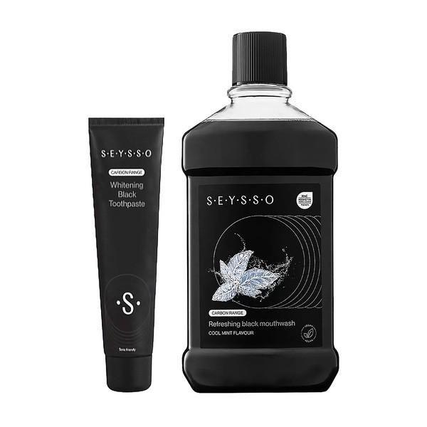 Zestaw Seysso Carbon Black, odświeżający płyn do płukania jamy ustnej z węglem aktywnym, 500 ml + wybielająca pasta do zębów z aktywnym węglem, 75 ml