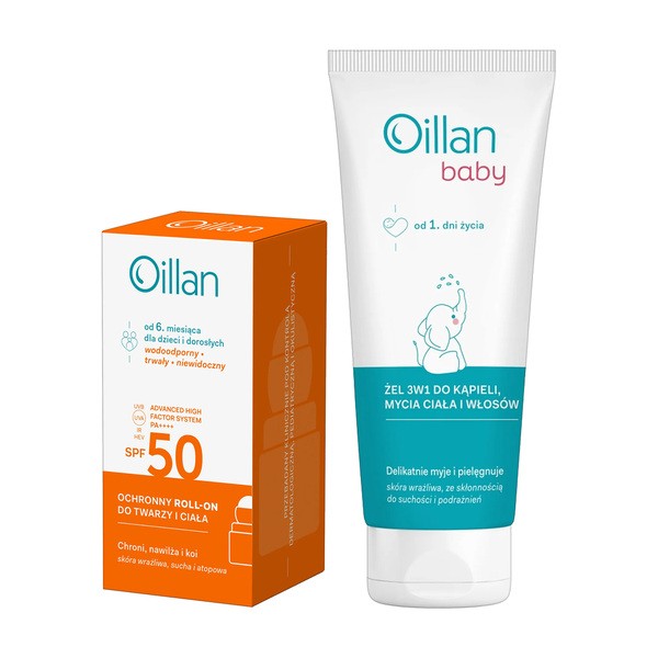 Zestaw Oillan, żel do mycia ciała i włosów 3 w 1 dla dzieci, 100 ml + ochronny roll-on przeciwsłoneczny do twarzy i ciała SPF50, 50 ml