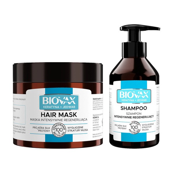 Zestaw Biovax Keratyna + Jedwab, intensywnie regenerująca maska do włosów, 250 ml + szampon intensywnie regenerujący, 200 ml